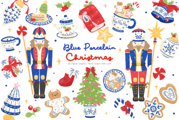 Blue Porcelain Christmas Clipart: Elegant Graphics & Illustrations