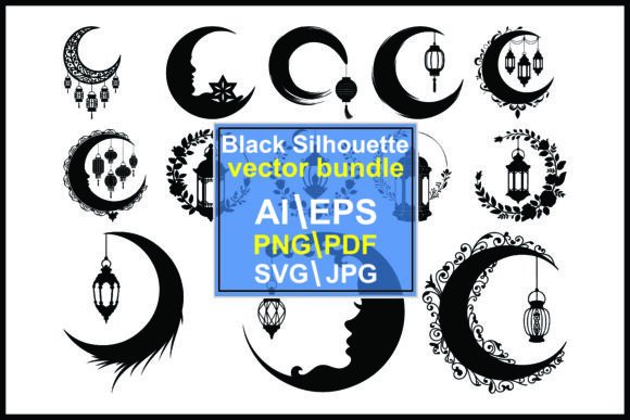 Moon and Lantern Crescent Silhouette Graphics