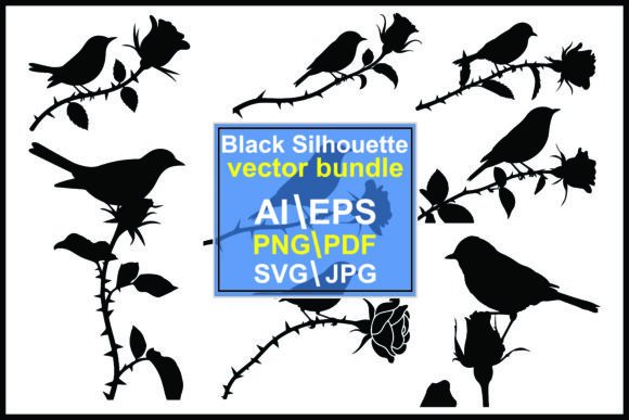 Silhouette Birds Perched on Rose Branche Graphics
