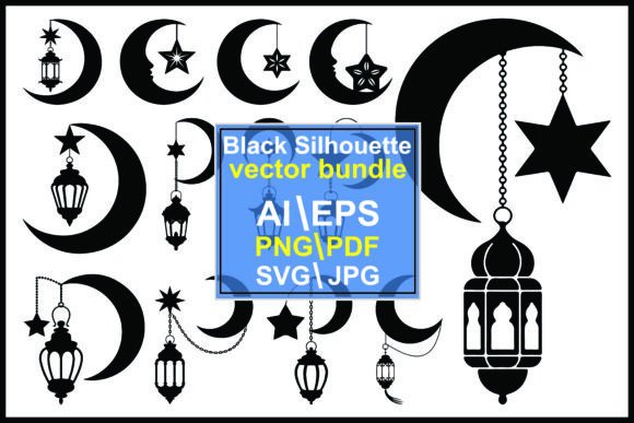 Silhouette Crescent Moons Stars Lanterns Graphics