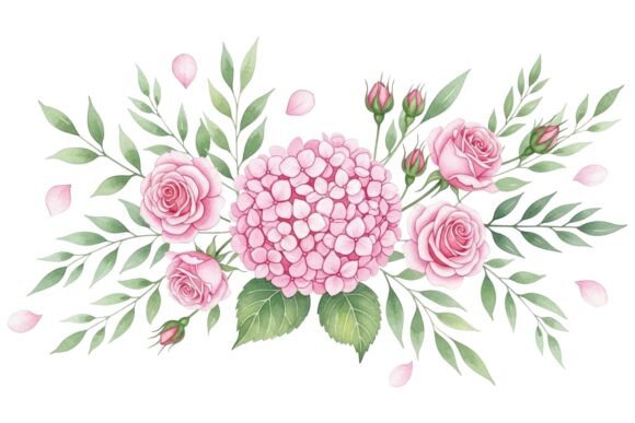 Watercolor Rose Hydrangea Set: Graphics and Illustrations